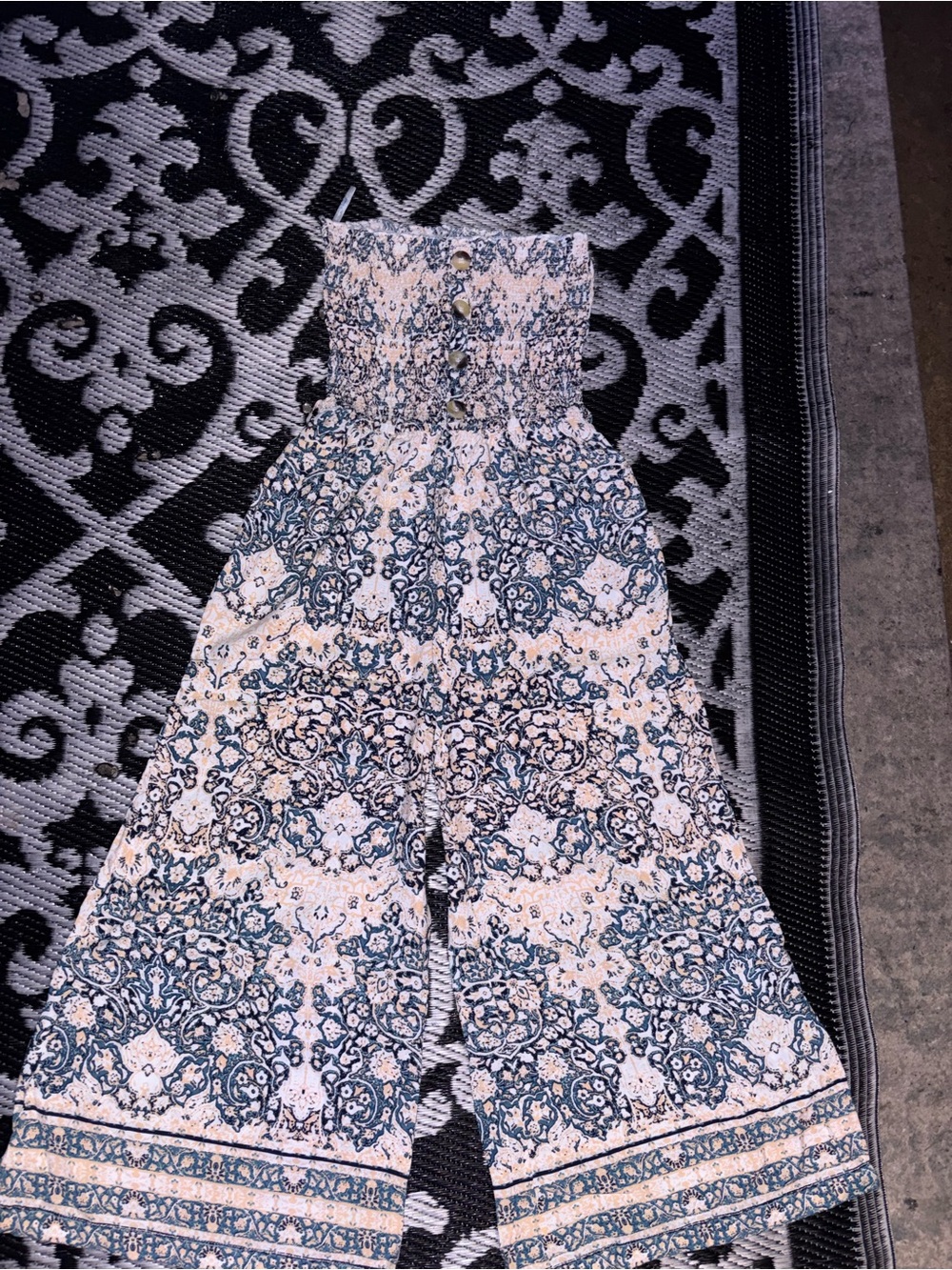 blue island Paisley Strapless Jumpsuit in Blue and Cream